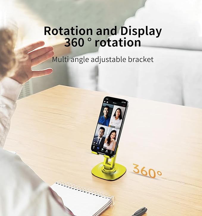360° Rotating Cell Phone Stand for Desk, Adjustable & Foldable Phone Holder, Aluminum Desktop Phone Stand with Anti-Slip Base, Compatible with iPhone, iPad, Android Phones, K69-Yellow