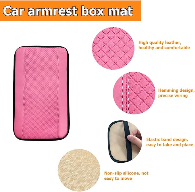 8sanlione Car Armrest Storage Box Mat, Fiber Leather Car Center Console Cover, Car Armrest Seat Box Cover Accessories Interior Protection for Most Vehicle, SUV, Truck, Car (Pink)