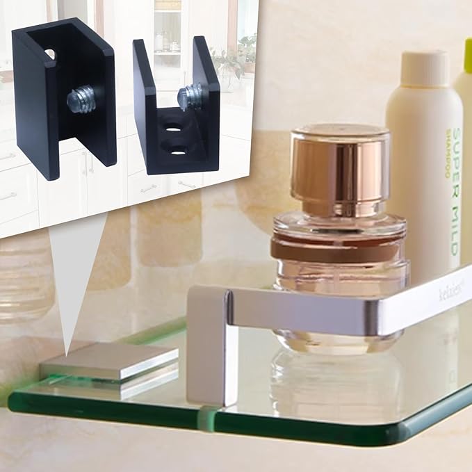 8 Pack Glass Shelf Bracket Floating Shelf Clips, Adjustable Clamp Glass Shelf Holder for 10-12mm Thickness, Shower Brackets Replacement Parts(Black, Rectangle)