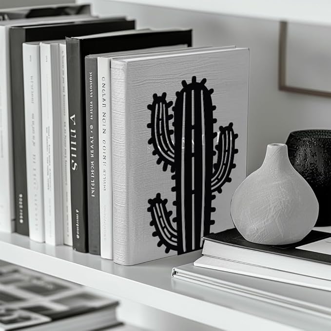 Peacoblue Metal Bookends for Shelves, Modern Decorative Heavy Duty Study Book Support Stoppers for Office, Desk, Shelf, Room 5.3"x4.3"x7.9" Cast Iron Simple Tall Bookends, 1 Pair (Cactus)