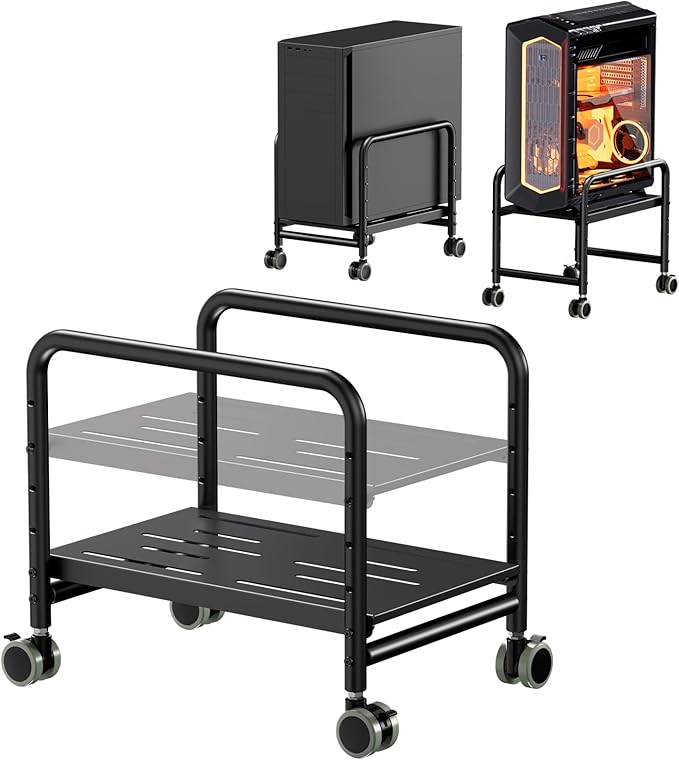 PUTORSEN Computer Tower Stand Under Desk - Height Adjustable PC Stand for Most Mid-Tower, Rolling CPU Holder with 360° Locking Wheels, Max Load 66 lbs, Black