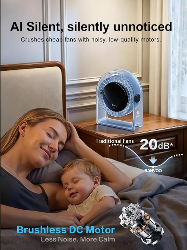 RANVOO Quiet Desk Fan, Air Circulator Mini Fan for Bedroom, 4 Speeds Strong Airflow Portable Fan, Smart Display USB Fans,120°Tilt, Small Desktop Table Fans For Office Room Home,Translucent Blue