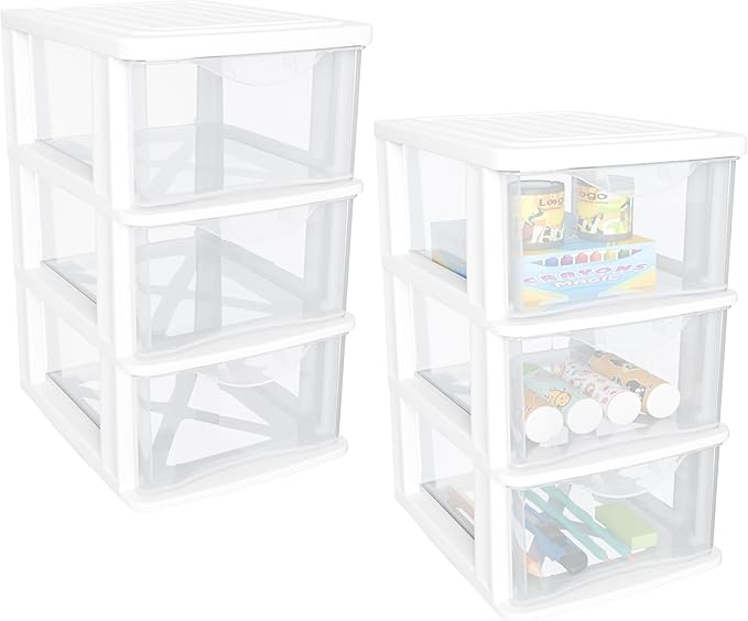 Small 3 Drawer Desktop Organizer, 2 Pack White Plastic Stroage, Desktop Organization for Small Tools for Home, Office for Sewing,Cosmetic,Makeup,Art Craft Supplies White Frame in Home,Office