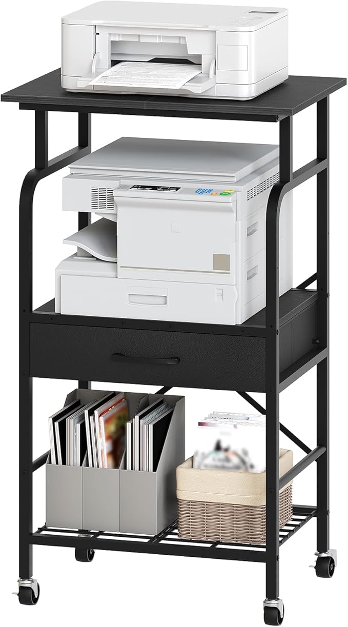 MAHANCRIS Tall Printer Stand, 3 Tier Printer Cart with Storage, Industrial Printer Table on Wheels, Adjustable Shelf & Fabric Drawer, for Home Office Study Black PTBK5501
