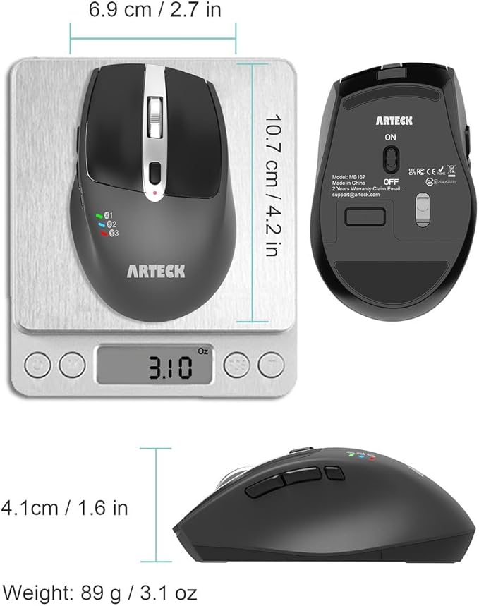 Arteck Multi-Device Wireless Bluetooth Mouse Ergonomic Silent Clicking Backward Forward for Desktop PC Laptop Mac iPad Build in Rechargeable Battery