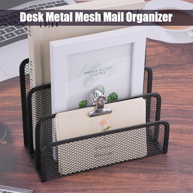 Desk Mail Organizer, 2 Pack Metal Mesh Small File Holders with 6 Metal Clips Letter Organiser Countertop with 3-Slot, Office Mail Sorter Organizer for Bill Paper Folder Document (Black)
