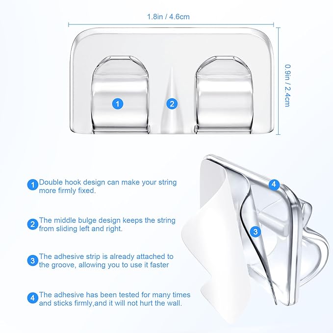 Hetyue Hooks for Outdoor String Lights Clips: 26Pcs Heavy Duty Light Hook with Waterproof Adhesive Strips - Outside Clear Cord Holders for Hanging Christmas Lighting - Outdoors Sticky Clip