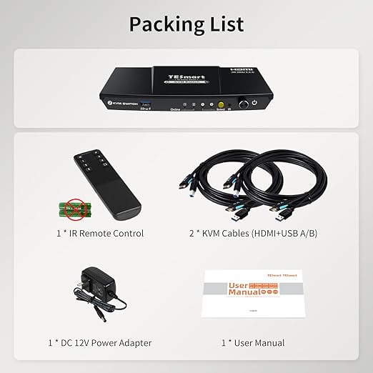TESmart USB 3.0 HDMI KVM Switch 1 Monitor 2 Computers 4K@60Hz, L/R Audio & Microphone, 2 Port EDID Emulators, Hotkey Switching, Button Switching with Remote Switch and All Input Cables