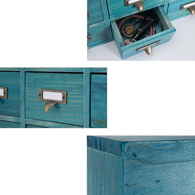9 Drawers Library Card Catalog Cabinet with Labels Apothecary Cabinet Tabletop Apothecary Chests and Cabinets Herb Storage Box Wooden Desk Drawer Organizer Medicine Vintage Furniture(Blue)
