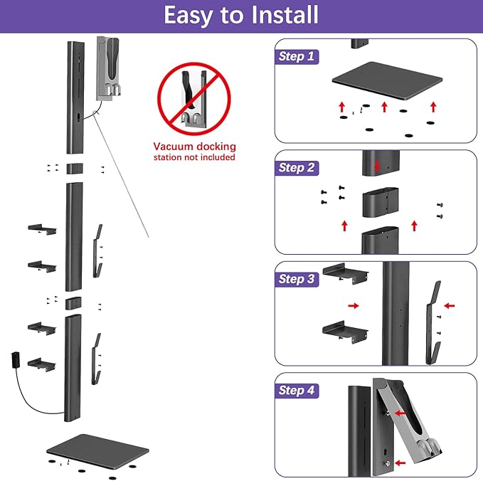 XIGOO Storage-Stand-Docking-Station-Holder Compatible with V15 Detect V11 V10 V8 V7 V6 Cordless Vacuum Cleaners, Stable Metal Organizer Rack(Black, 4 Hooks 4 Shelves)
