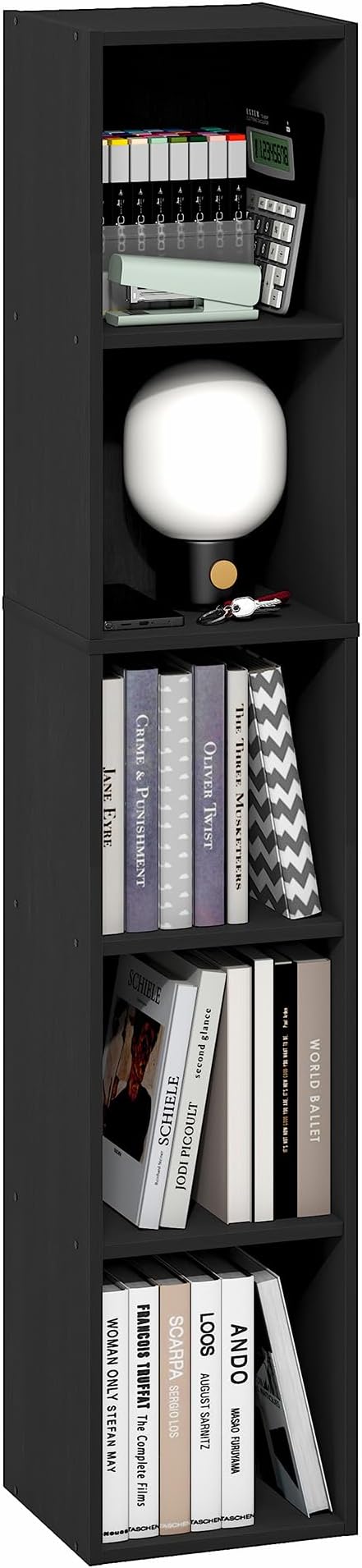 Furinno Fulda Book Shelf, 5-Tier Tall Narrow Bookshelf, Standing Bookcase with 10-in Width Storage Shelf, 9.3 x 9.8 x 51.9, for Organization Storage, for Living Room, Bedroom, Home Office, Blackwood