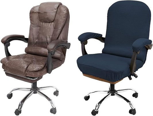 NeColorLife Stretchable Office Chair Cover with Armrest Covers - Thick Checked Jacquard High Back Desk Chair Slipcover for Rotating Chairs (Large Size,Navy Blue)