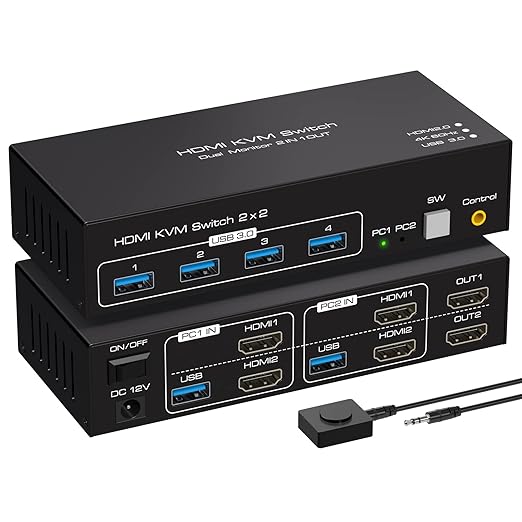 Dual Monitor KVM Switch HDMI Two Port 4K 60Hz KVM Switch for 2 Computers 2 Monitors with 4 USB 3.0 Ports Support Copy Extended Display and Desktop Control Including USB 3.0 Cable 15CM Longth