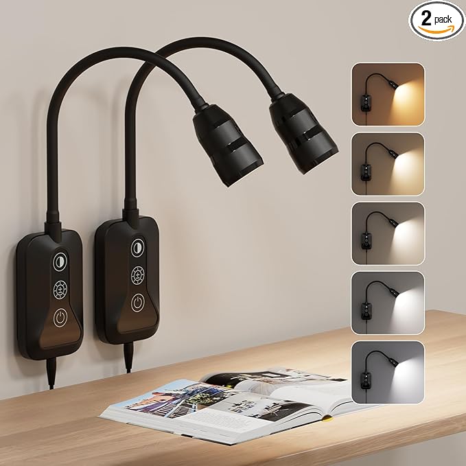 Wall Mounted Reading Light for Bed, Headboard Light with 360° Flexible Arm, Hand Wave Sensor, Focused 60° Beam, 5 Color Temperatures, Stepless Dimming, Memory Function, USB-C Output, Black 2 Pack