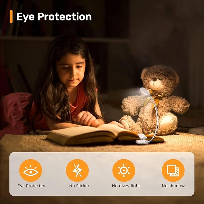 Rechargeable Reading Lights for Books in Bed, Book Lights for Reading at Night in Bed, 3 Brightness Levels × 3 Color Temperatures, up to 80 Hours Reading, Clip on Light for Bookworms, Kids (White)