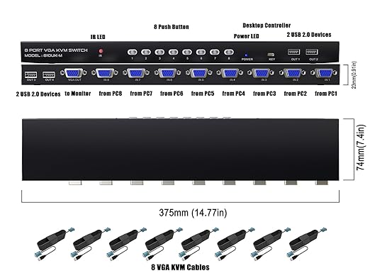 KVM Switch VGA 8 Port - KVM Switcher for 8 Computers Share 1 Monitor & 4 USB 2.0 Devices,Keyboard Mouse Printer,Driver-Free for All OS,8 Cables 1 IR Remote Included