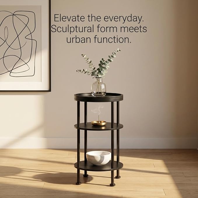Small Round Side Table with Tray Top, 3-Tier Black End Table for Living Room & Bedroom, Modern Metal Nightstand with Storage Shelf, 11.8" Narrow Accent Table for Small Spaces, Balcony, Classic Black