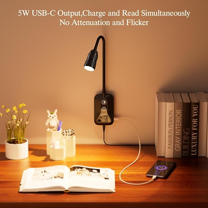 LED Wall Mounted Reading Light with Wave Sensor/Touch Switch, 5 Color & 5 Level Dimmable Touch Bed Lights for Reading with USB C Output, Eye-Care Bedside Reading Light for Bed,Heaboard (Black)