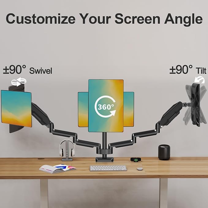 MOUNT PRO Triple Monitor Mount, 3 Monitor Desk Mount for Three Screens up to 32 Inch, Full Motion Gas Spring Heavy Duty Arm Hold up to 19.8lbs Each, Black