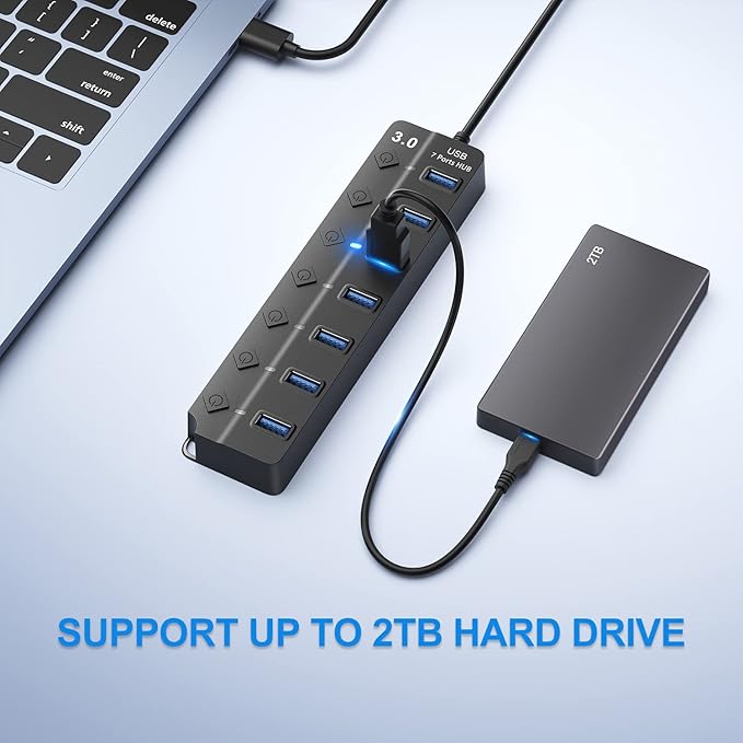 ONFINIO USB Hub 3.0, 7-Port USB Hub Splitter with Individual On/Off Switches and Lights, 3.2ft/1m Long Cable Compatible with MacBook, Laptop, Surface Pro, PS4, PC, Flash Drive, Mobile HDD