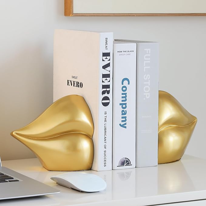 Gold Lips Decorated Bookends，Set of 2 Heavy Decorative Book Stoppers，Unique Resin Decoration，Creative Desktop Gold Decor for Study Room Hotel Office Shelves