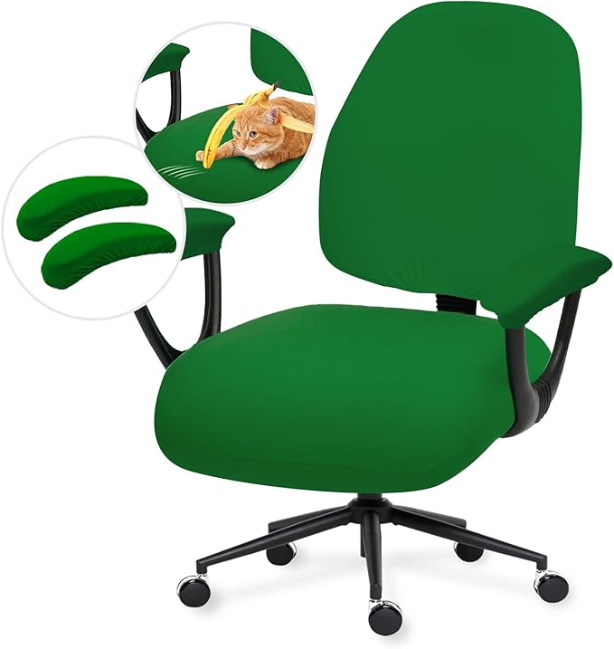 Stretchable Desk Office Chair Seat Covers with Armrest Covers - Universal Stretch Computer Chair Slipcover - Washable Rotating Backrest Coverings & Cushion Protectors for Dogs, Cats, Pets, Green