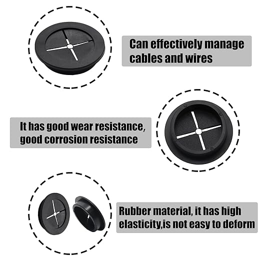 6 Pcs 60mm / 2-3/8 Inch Black Cable Cord Grommets, Rubber Desk Grommets for Table Computer Desk Wire Organizer TV Console and Other Furnitures Cover