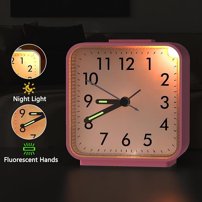 AMIR Analog Alarm Clock, Silent Non Ticking Small Clock, Travel Alarm Clock with Snooze & Light, Ascending Beep Sounds, Battery Operated Loud Alarm Clock
