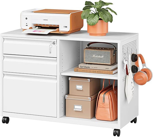 3 Drawer Metal File Cabinet with Lock, Mobile Lateral Filing Cabinet with Side Hook for Letters/Legal/A4, Printer Stand Storage Cabinets with Shelves for Home Office(White)