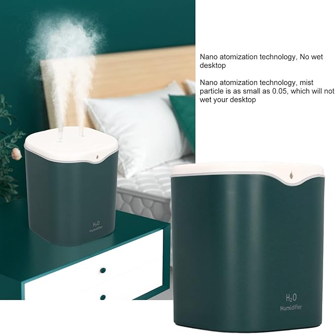 Bedroom Humidifier, 2L Water 12 To 20h USB Port 2 Mode Desk Humidifier Dual Sprayer for Dorm(Green)
