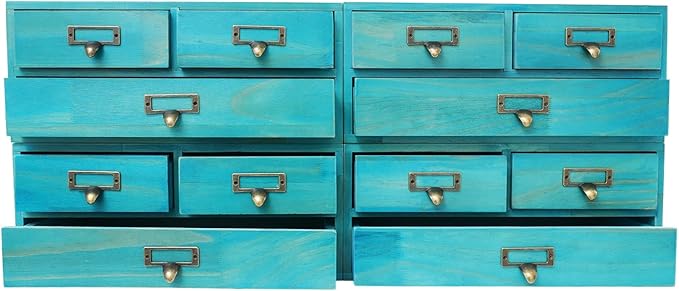 4 Packs Vintage Desktop Apothecary Cabinet with 3 Drawers,Wood Desktop Organizers Stackable Drawers Desktop Chest Drawer for Herb Storage,Tea Collection,Stationery (Blue)