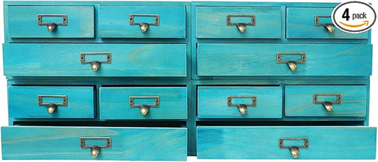 12 Drawers Apothecary Cabinet, 4-Pack Wood Tabletop Medicine Cabinet, Vintage Desktop Drawer Library Card Catalog Cabinet Wooden Chest Drawer Organizer for Tea Herbs Jewelry Stationery (Blue)
