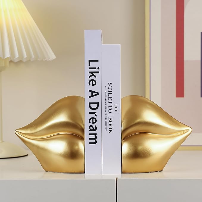 Gold Lips Decorated Bookends，Set of 2 Heavy Decorative Book Stoppers，Unique Resin Decoration，Creative Desktop Gold Decor for Study Room Hotel Office Shelves