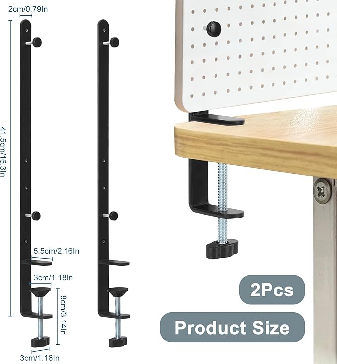 2 Pcs Adjustable Extended Desk Clamp, Heavy Duty Metal Pegboard Mounting Bracket for Desktop Fixing Mount Clamp for Home Office,Universal Clamp On Bracket Desktop Accessory Holder,Easy Install (Black)