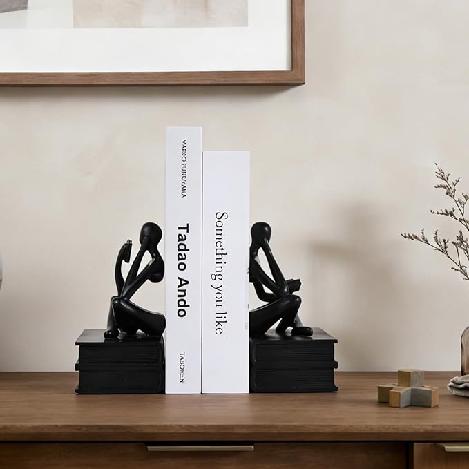 Heavy Duty Book Ends for Shelves, Thinker Bookends Set of 2 Decorative Book Ends for Heavy Books, Modern Unique Shelf Decor for Home Office Living Room Desk