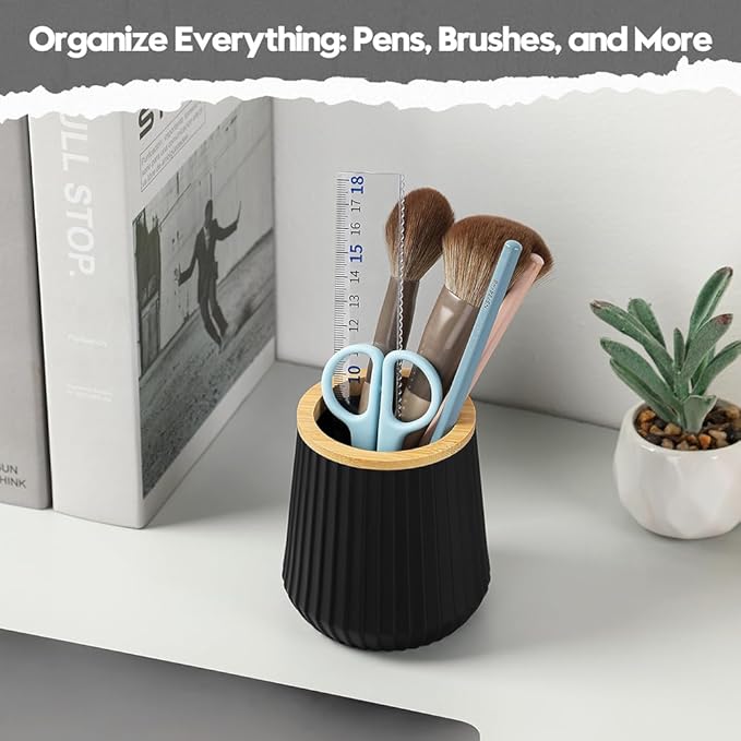 YAUKPH Pen Cup Pencil Holder Desk Organizer Small Plastic Desktop Storage with Striped Bamboo Wood Trim Modern Minimalist Design for Office School Pencils Pens Markers (Matte Black)