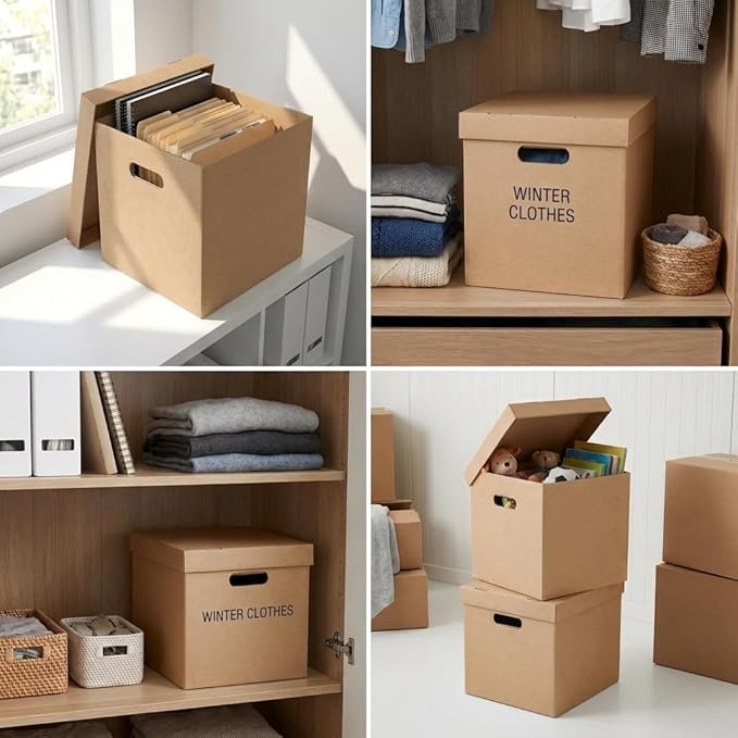 CRUGLA Vinyl Record Storage Boxes with Lids 7 Pack, 13 Inch Cube, Collapsible Corrugated Cardboard, Quick Fold Assembly with Pre-Applied Adhesive, Side Cut-Out Handles, Home Office Organizer