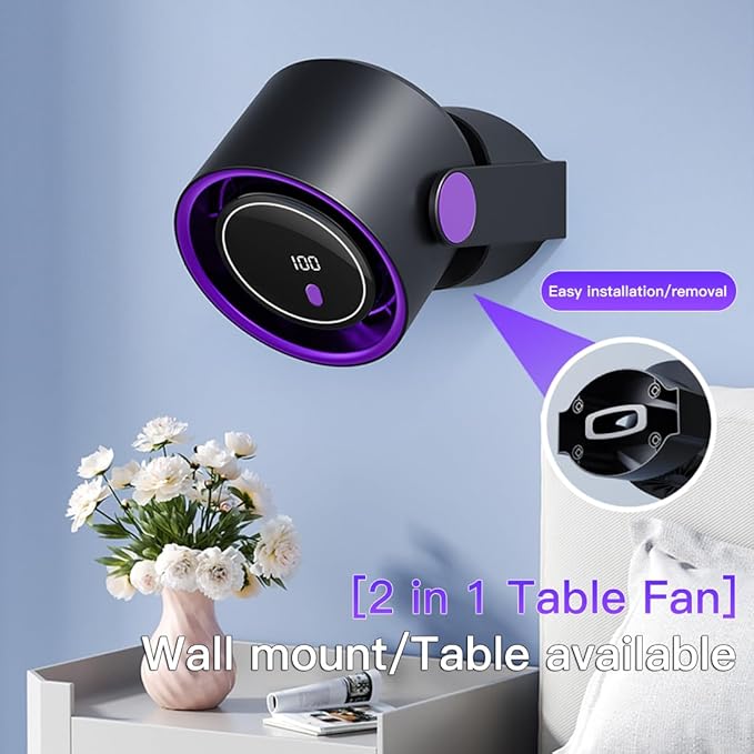 Table Fans, 100 Speeds Wall-Mounted Desk Fan Ultra Quiet, Battery&Speed Mode LED Display Rechargeable Motor Fan, 180°Wide Angle, 2000mAh Portable Fan for Office Bedroom Home Kitchen (Dark)