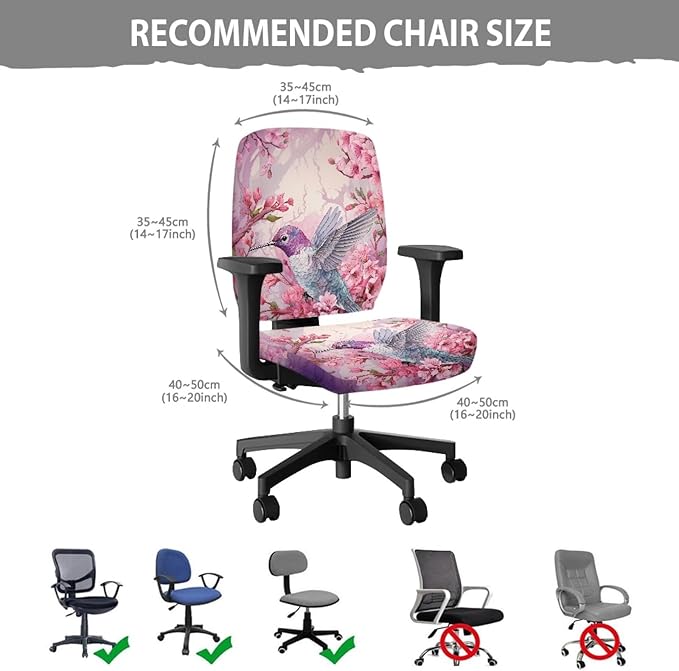 GLENLCWE Pink Hummingbird Flower Office Chair Cover,Modern 2Pack Desk Chair Covers Washable&Stretch Computer Chair Slipcovers for Home Office