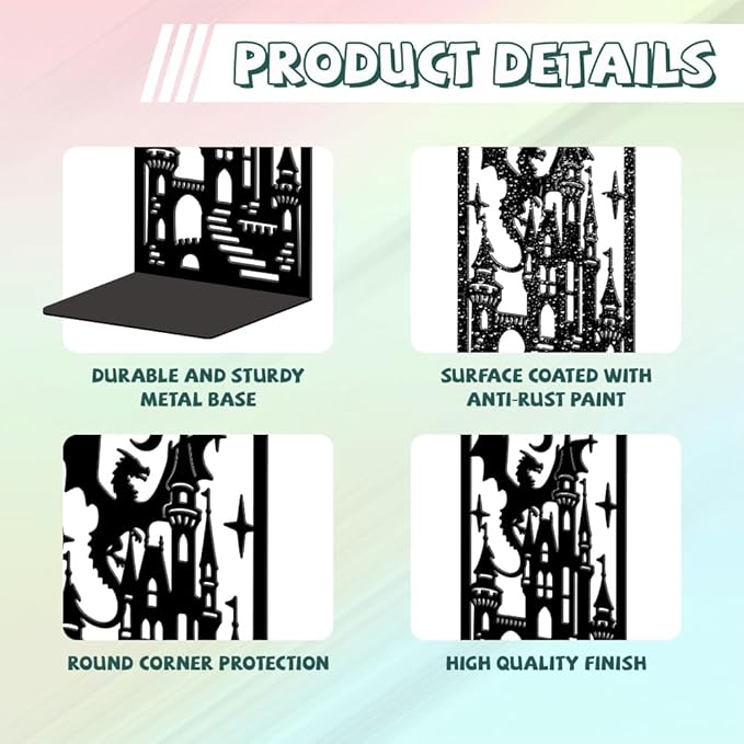 Peacoblue Metal Bookends for Shelves, Modern Decorative Heavy Duty Study Book Ends Stoppers for Office, Desk, Shelf, Room 5.3"x4.3"x7.9" Cast Iron Simple Tall Bookends 1 Pair (Dragon Castle)