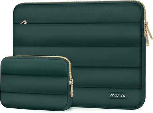 MOSISO Laptop Case 13.3 inch,13-13.3 inch Puffy Laptop Sleeve Compatible with MacBook Air 13.6 M5 M4 M3 M2 M1/Neo/Pro 13/14,HP Dell ASUS Lenovo,Polyester Horizontal Bag with Small Case,Peacock Green
