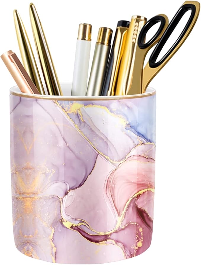 WAVEYU Pink Pen Holder for Desk, Premium Ceramic Pencil Holder Pen Cup Marker Holder Makeup Brush Holders, Desk Accessories & Workspace Organizers for Home, Office,Colorful Marble