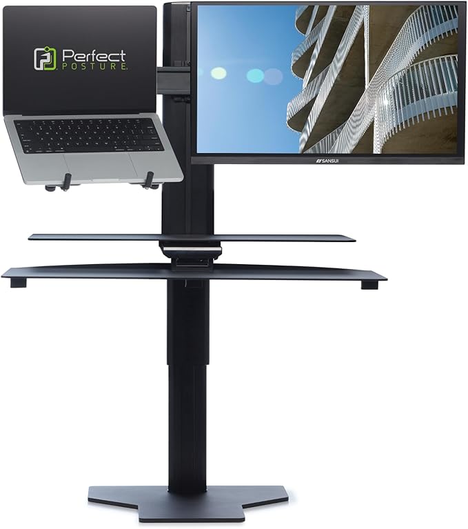 Perfect POSTURE Sit2Stand Standing Desk Converter Monitor Mount and Laptop Holder – 18” Height Adjustable Sit-Stand Workstation – Black
