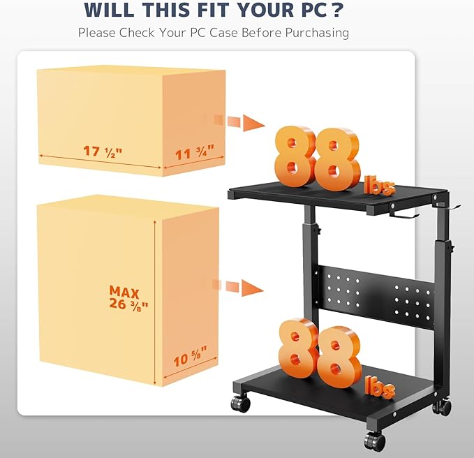 PUTORSEN Computer Tower Stand Cart - 2-Tier CPU Cart with 4 Casters, Rolling Holder with Pegboard & 2 Hooks, Height Adjustable from 20 7/16" to 30 1/4", for Office Home Gaming