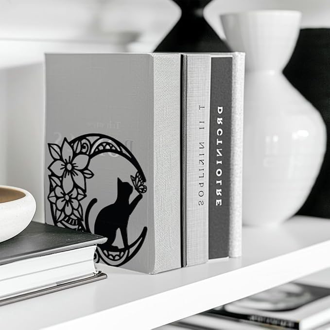 Peacoblue Metal Bookends for Shelves, Modern Decorative Heavy Duty Study Book Support Stoppers for Office, Desk, Shelf, Room 5.3"x4.3"x5.3" Cast Iron Tall Bookends, 1 Pair (Moon with Cat and Flower)