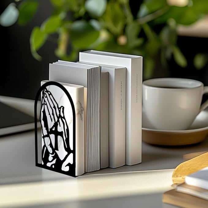 Peacoblue Metal Bookends for Shelves, Modern Decorative Heavy Duty Study Book Support Stoppers for Office, Desk, Shelf, Room 5.3"x4.3"x7.8" Cast Iron Tall Bookends, 1 Pair (Praying Hands and Cross)