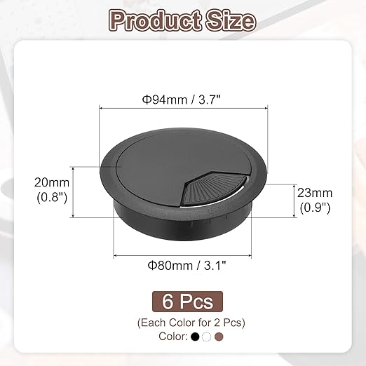 PATIKIL 3.1 Inch/80mm Desk Grommet, 6Pcs Cable Grommet Wire Management Cable Hole Cover Cord Organizer for Office Home Table Countertop, White/Black/Brown