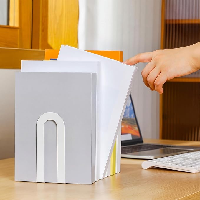 Chunful 6 Pcs White Book Ends for Shelves Modern Metal Bookends Decorative Small Bookends Book Shelf Organizer Minimalist Design Stopper to Hold Books for Home Office (5.5 * 3.75 * 2.25inch)