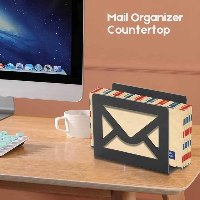 Desktop Letter Holder, Metal Desktop Mail Holder with Cutout Envelope Design,Letter Organizer Sorter for Desk, Desk Envelope and Document Storage Rack