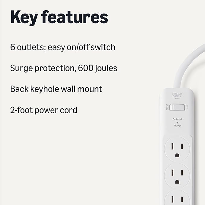 Amazon Basics Rectangle 6-Outlet Surge Protector Power Strip with Circuit Breaker, 600 Joule, 2ft Cord, White, 2-Pack